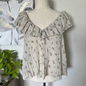 Ganni Top Cream Georgette Floral Pleated Ruffle Flutter Boho Fairy Cottage Sz 34